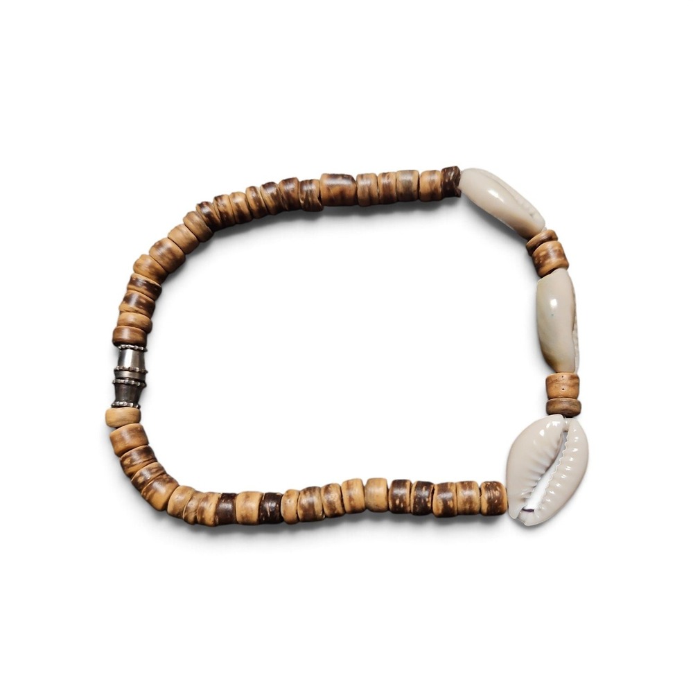 Handmade Cowrie Shell Wood Bead Stretch Bracelet Brown Cream Boho Beach Jewelry
